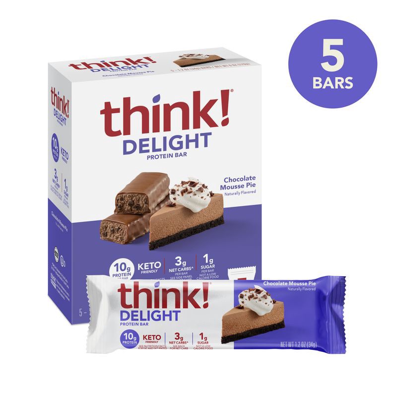 slide 6 of 10, think! High Protein Keto Chocolate Mousse Pie Bars - 5pk, 5 ct