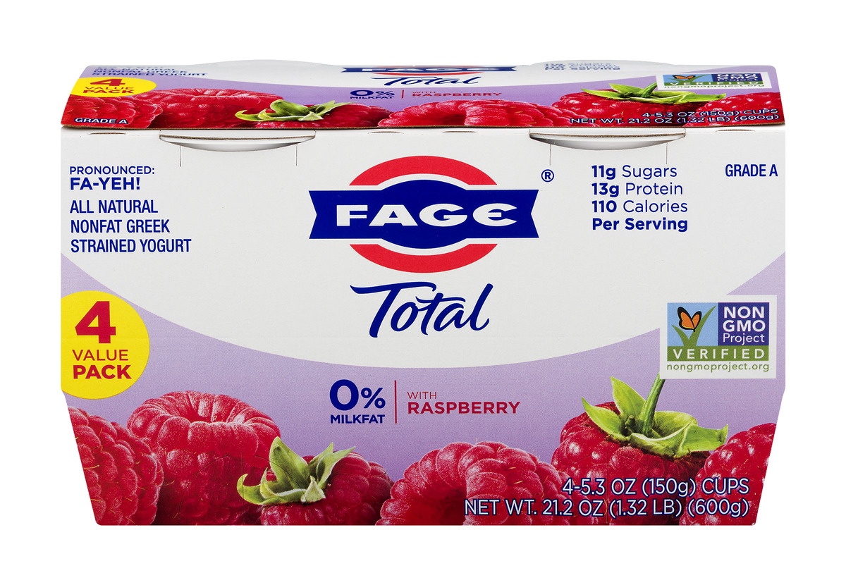 slide 1 of 1, Fage Fat Free Greek Yogurt With Raspberry, 4 ct; 5.3 oz