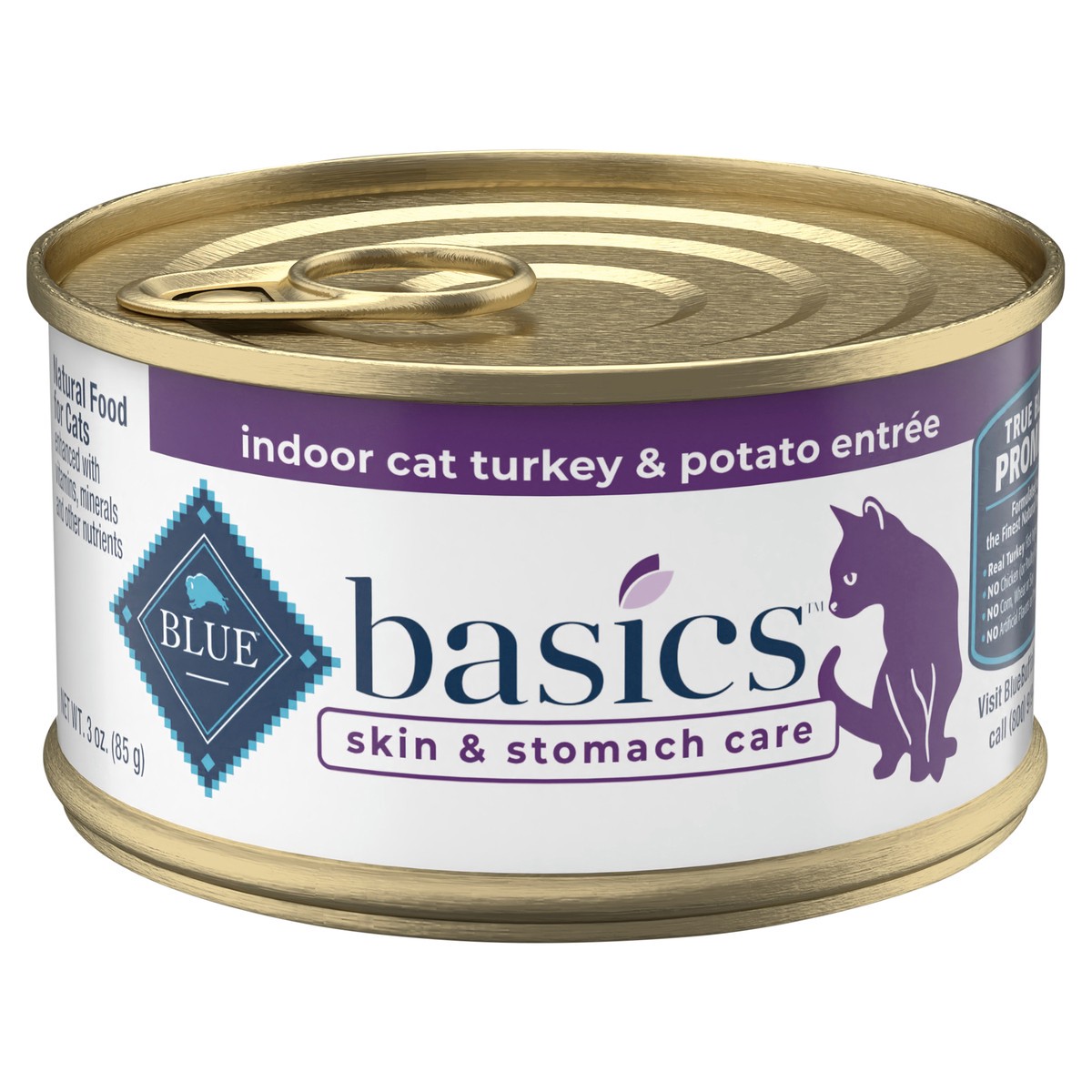 slide 6 of 9, Blue Buffalo Basics Skin & Stomach Care, Grain Free Natural Adult Pate Wet Cat Food, Indoor Turkey 3-oz Can, 3 oz