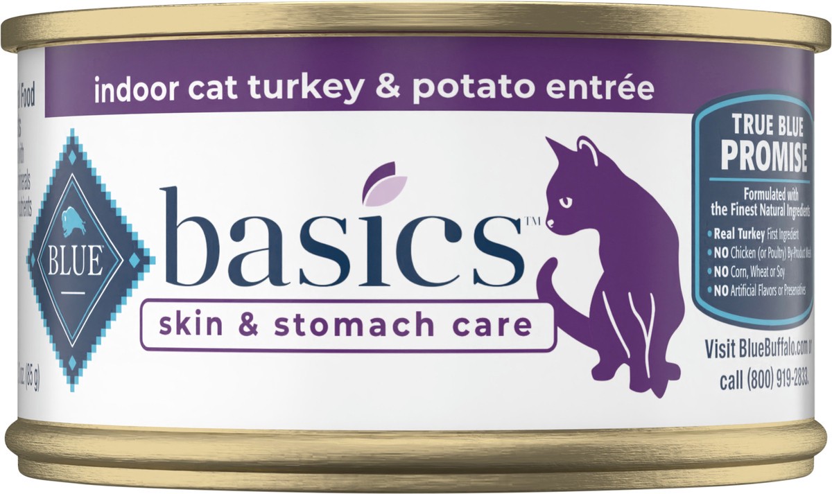 slide 9 of 9, Blue Buffalo Basics Skin & Stomach Care, Grain Free Natural Adult Pate Wet Cat Food, Indoor Turkey 3-oz Can, 3 oz