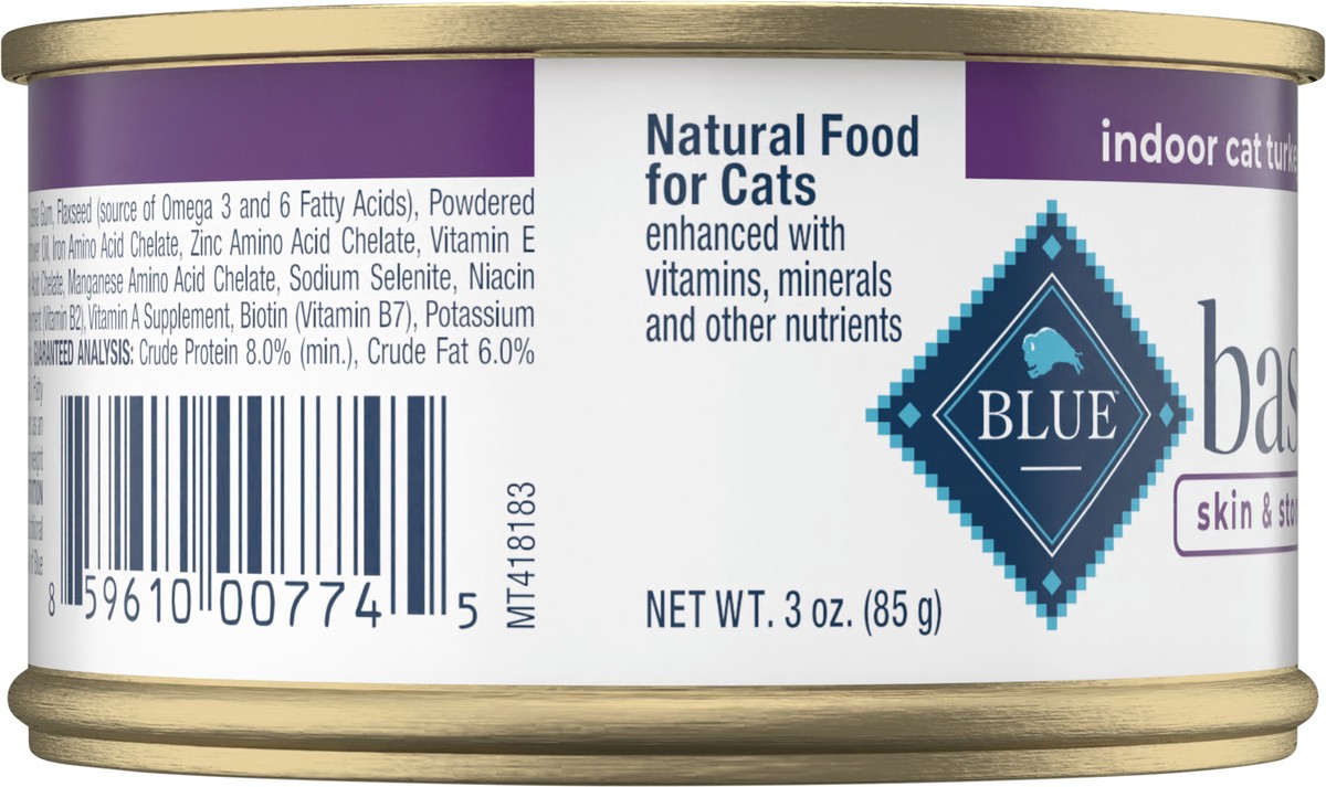 slide 5 of 9, Blue Buffalo Basics Skin & Stomach Care, Grain Free Natural Adult Pate Wet Cat Food, Indoor Turkey 3-oz Can, 3 oz