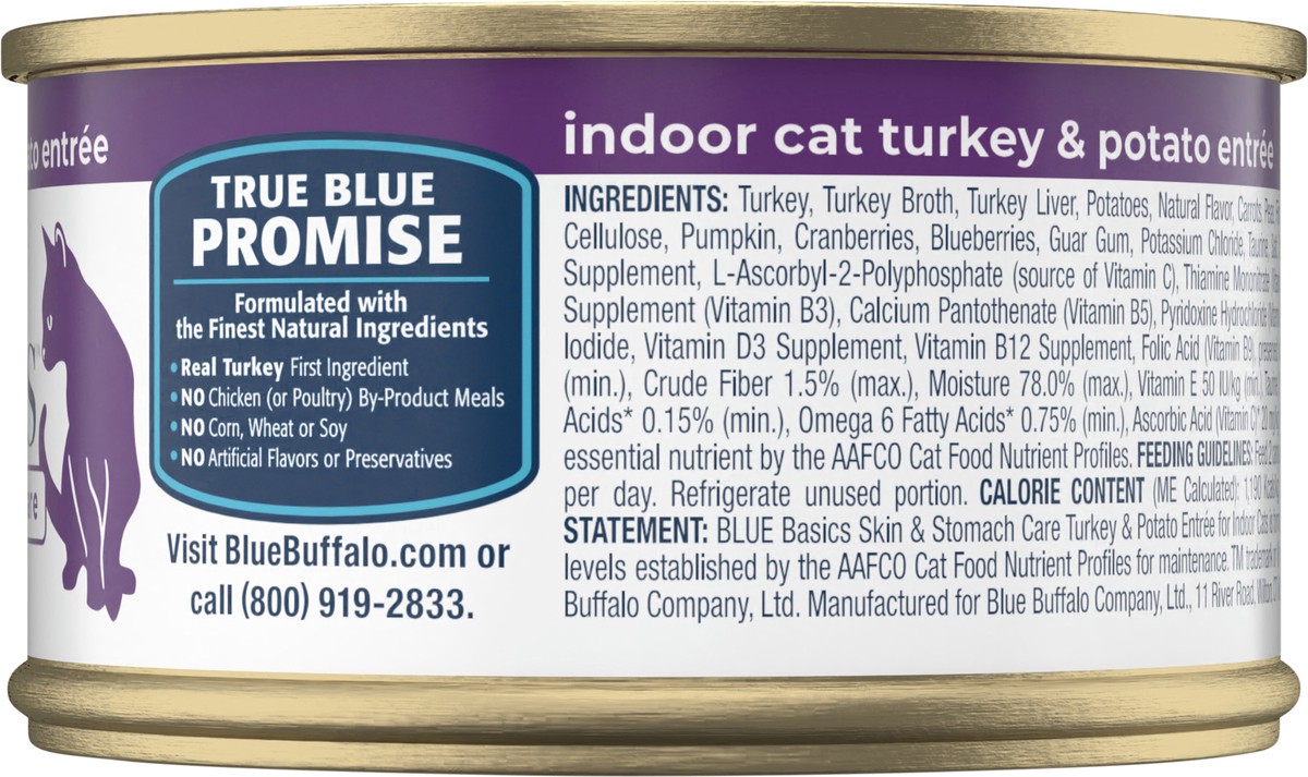 slide 8 of 9, Blue Buffalo Basics Skin & Stomach Care, Grain Free Natural Adult Pate Wet Cat Food, Indoor Turkey 3-oz Can, 3 oz