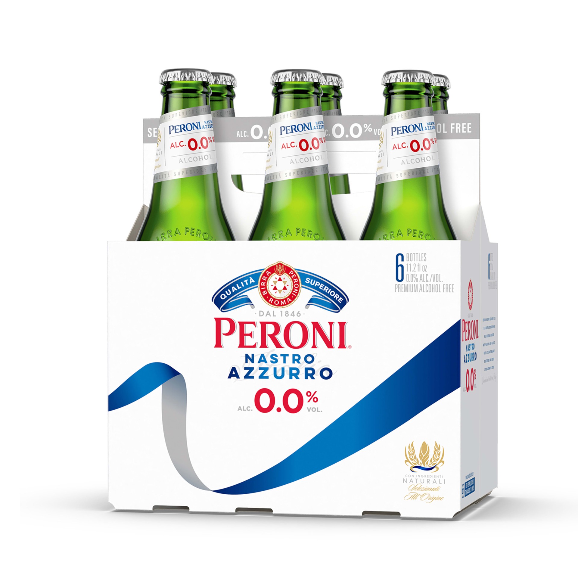 slide 2 of 5, Peroni Nastro Azzurro 0.0 Peroni 0.0 Non Alcoholic Italian Import Beer, 6 Pack, 11.2 fl oz Bottles, 0% ABV, 330 ml