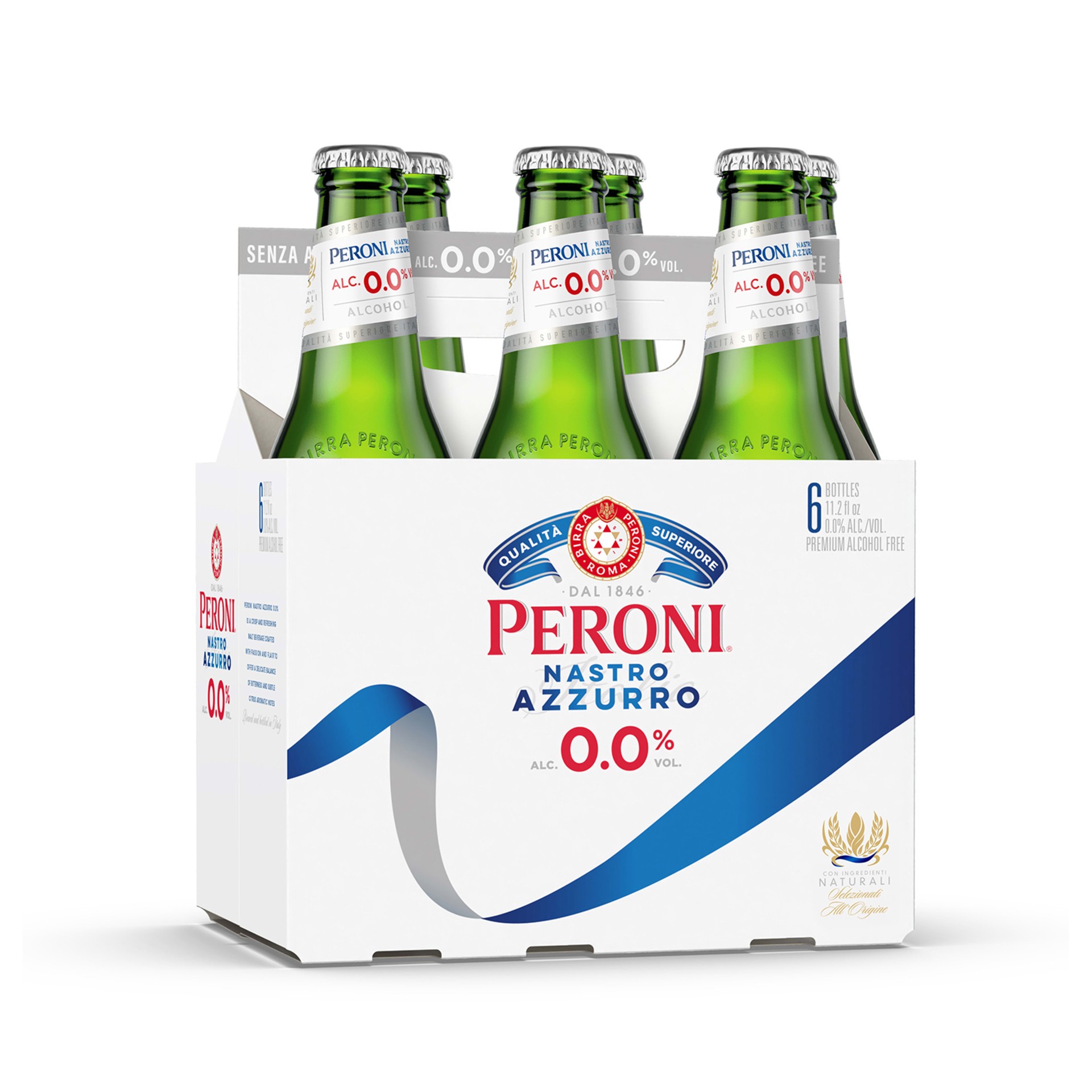 slide 3 of 5, Peroni Nastro Azzurro 0.0 Peroni 0.0 Non Alcoholic Italian Import Beer, 6 Pack, 11.2 fl oz Bottles, 0% ABV, 330 ml