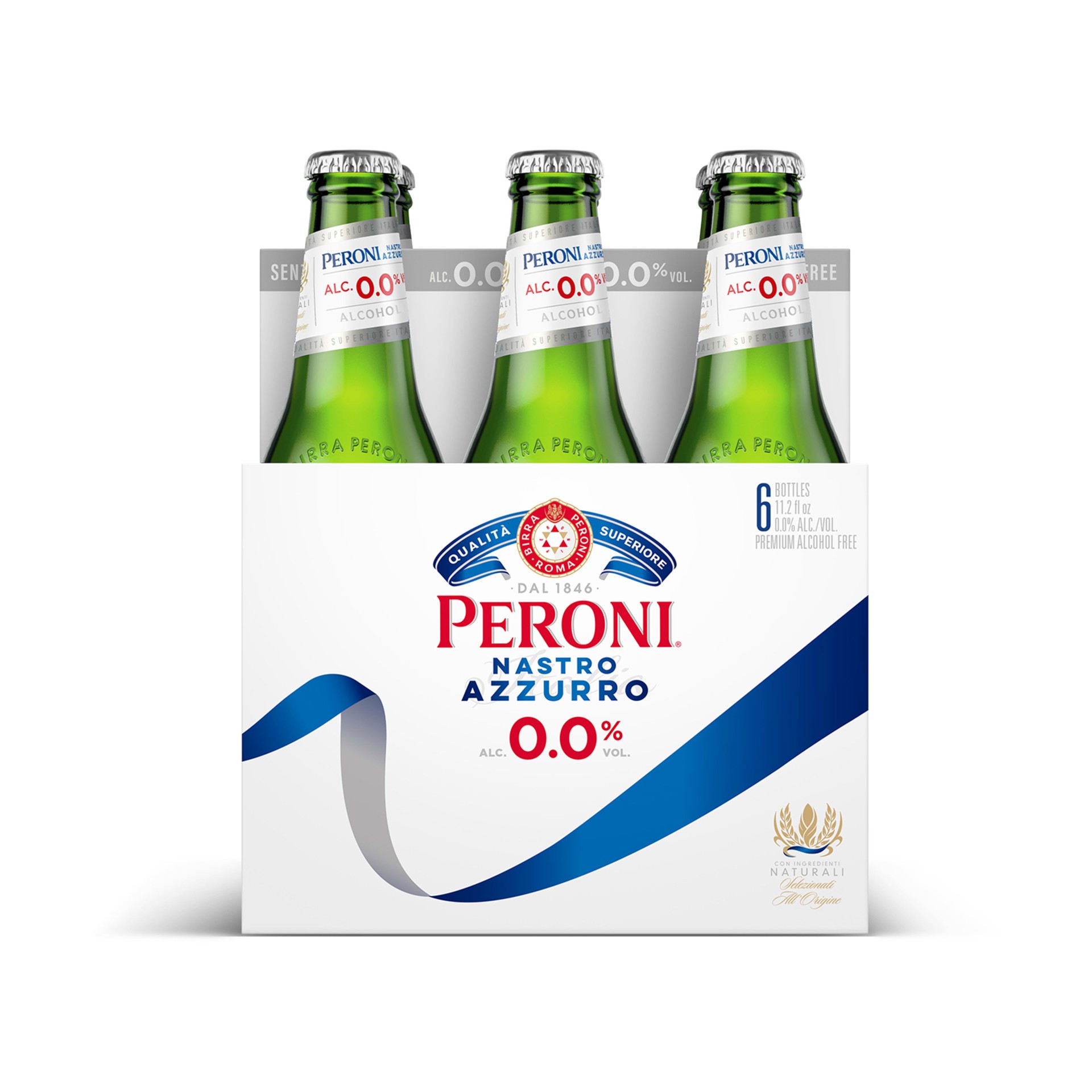 slide 4 of 5, Peroni Nastro Azzurro 0.0 Peroni 0.0 Non Alcoholic Italian Import Beer, 6 Pack, 11.2 fl oz Bottles, 0% ABV, 330 ml