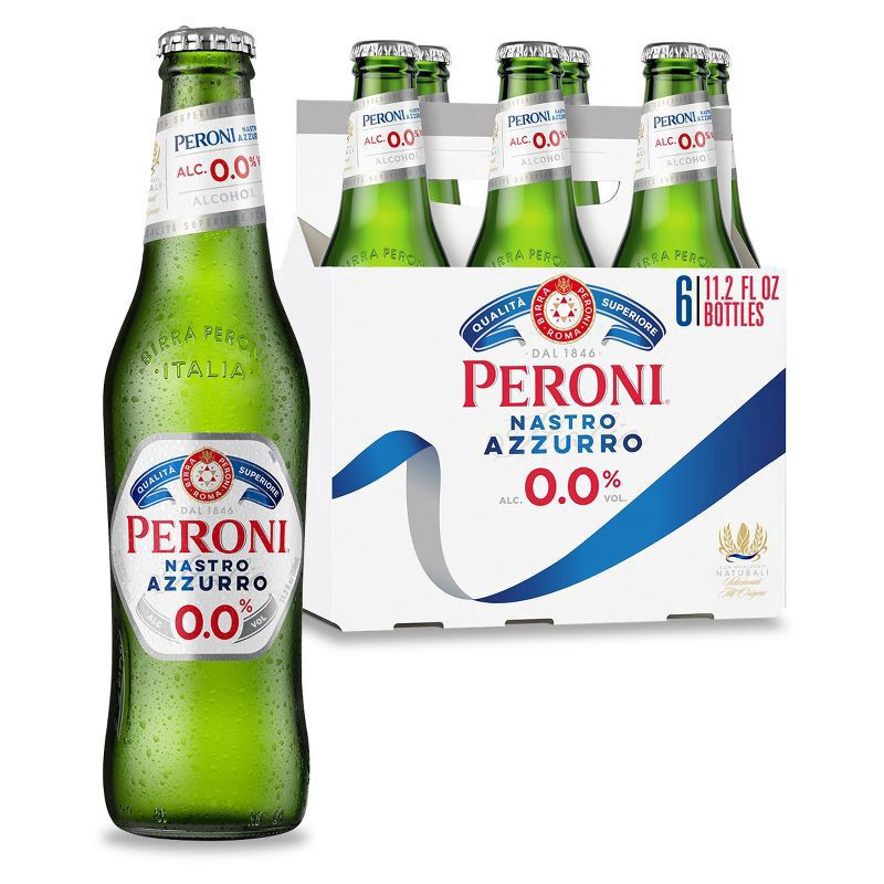 slide 1 of 5, Peroni Nastro Azzurro 0.0 Peroni 0.0 Non Alcoholic Italian Import Beer, 6 Pack, 11.2 fl oz Bottles, 0% ABV, 330 ml