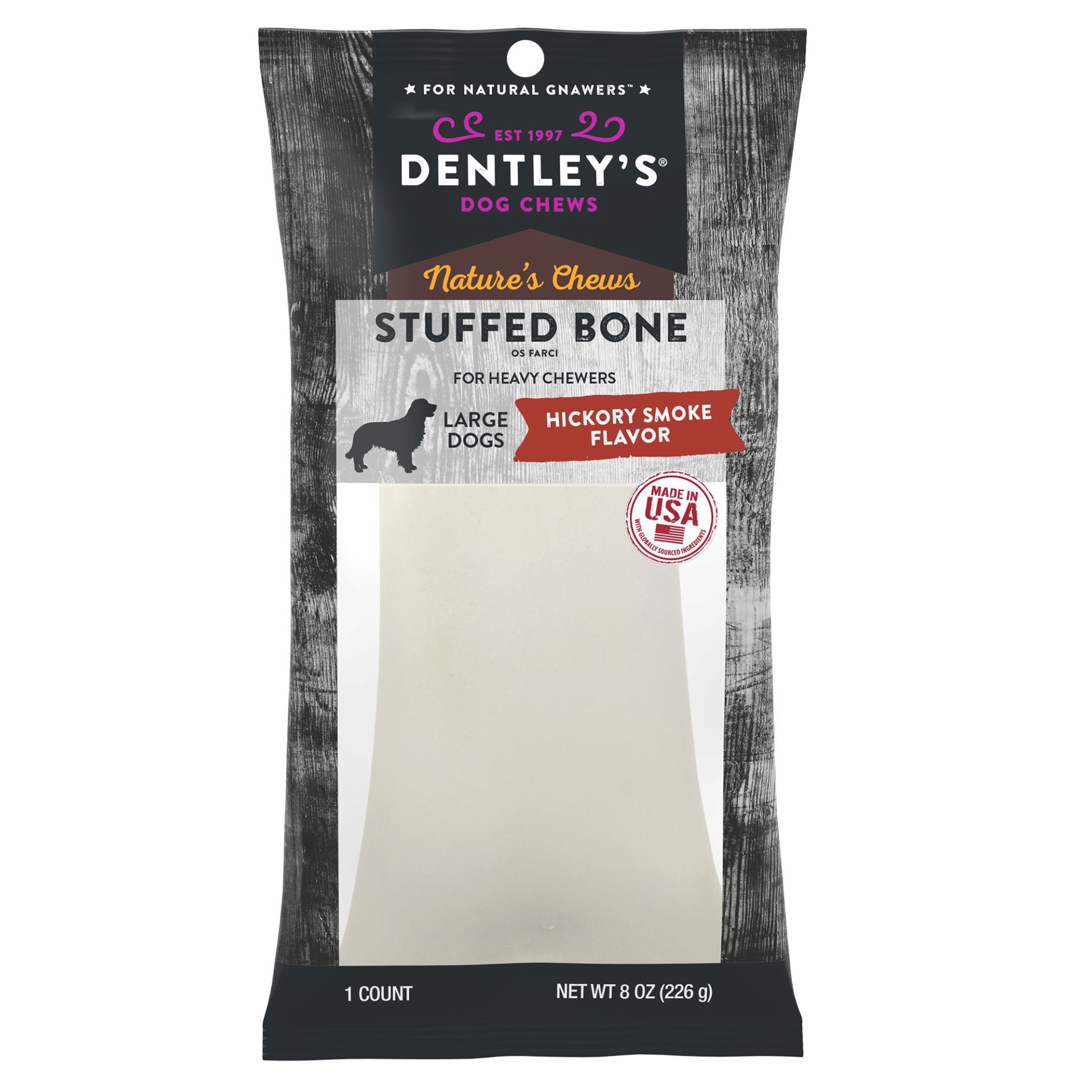 slide 1 of 1, Dentley's Nature's Chews Small Filled Femur Bone Dog Chew - Hickory BBQ, LG
