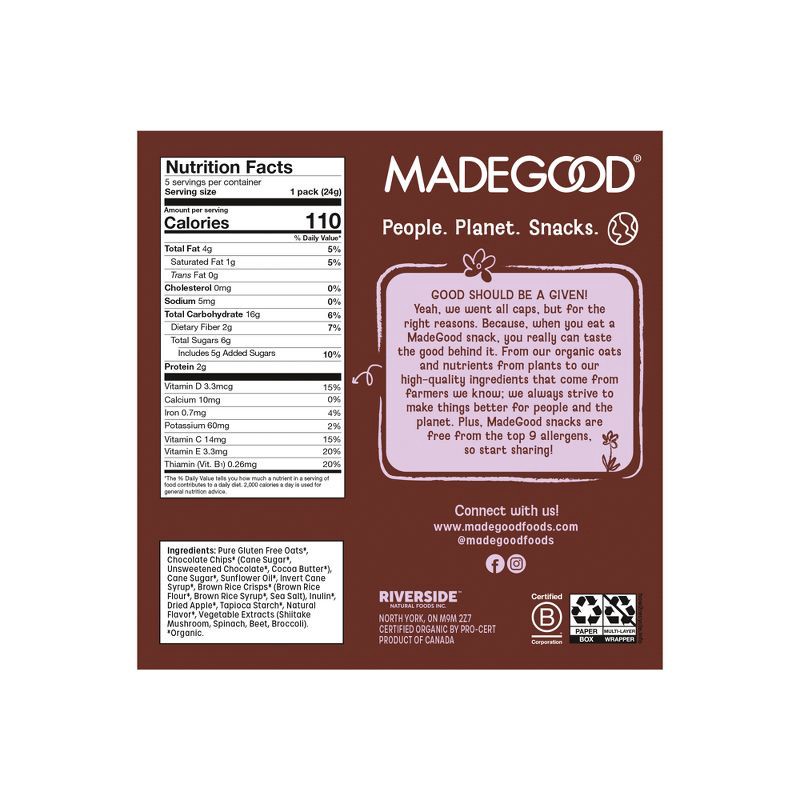 slide 2 of 8, MadeGood Chocolate Chip Granola Mini's - 4.25oz/5pk, 4.25 oz, 5 ct