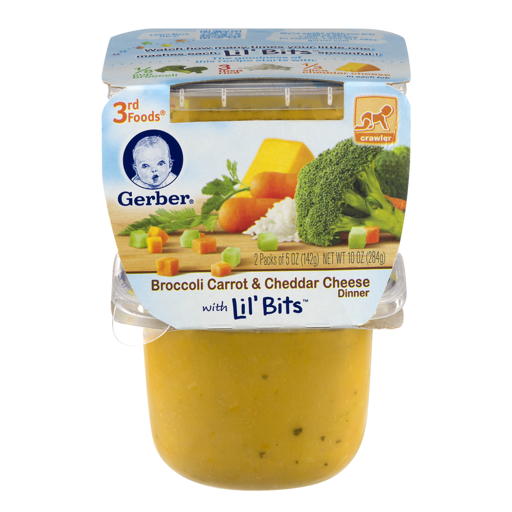 slide 1 of 4, Gerber Lil' Bits Broccoli Carrot Cheddar Cheese Dinner Baby Food Tub, 2 ct; 5 oz