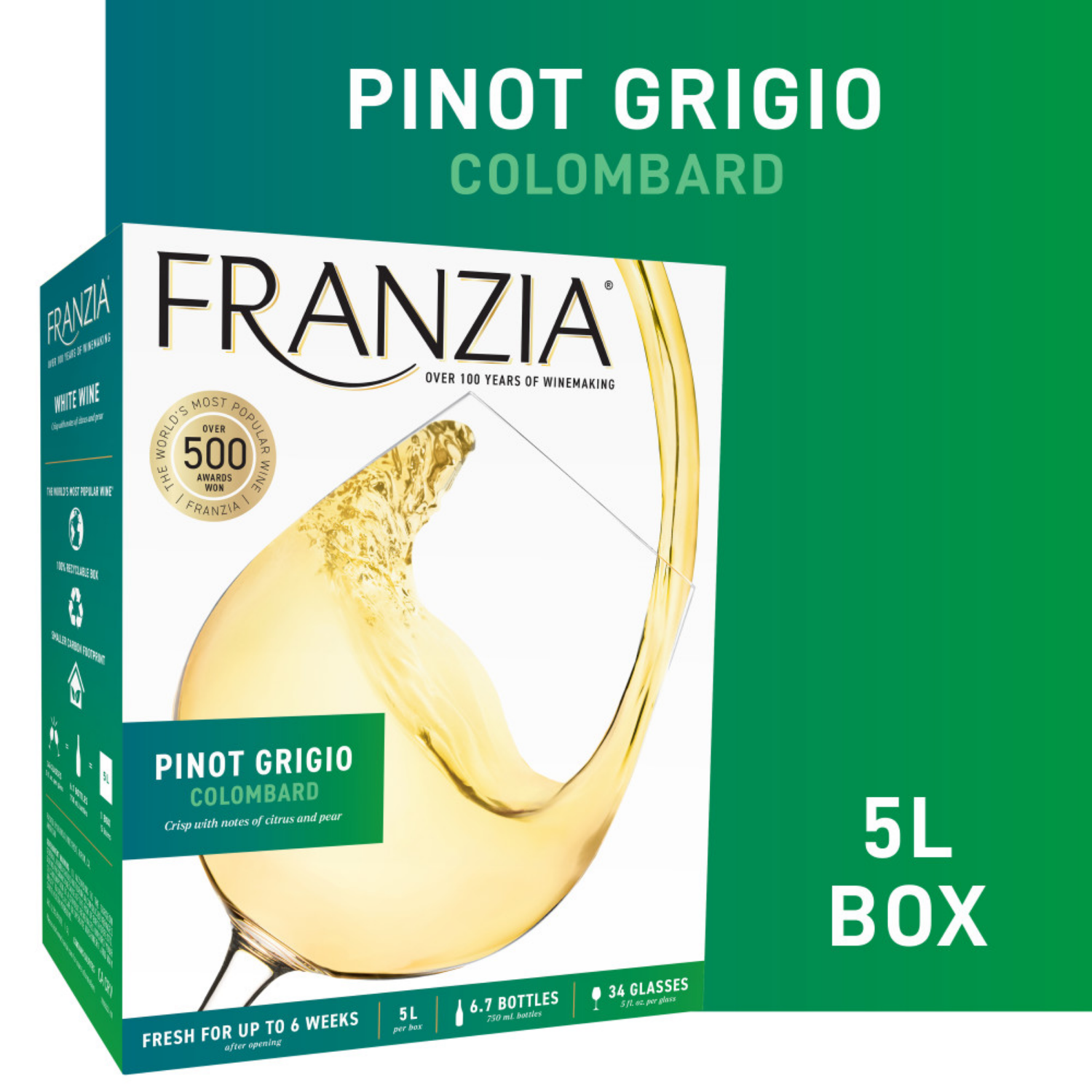 slide 1 of 8, Franzia Pinot Grigio/Colombard, White Wine, 5L, 5 liter