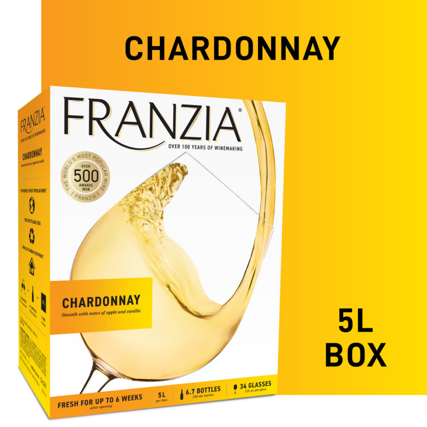 slide 1 of 8, Franzia Chardonnay, White Wine, 5L, 5 liter