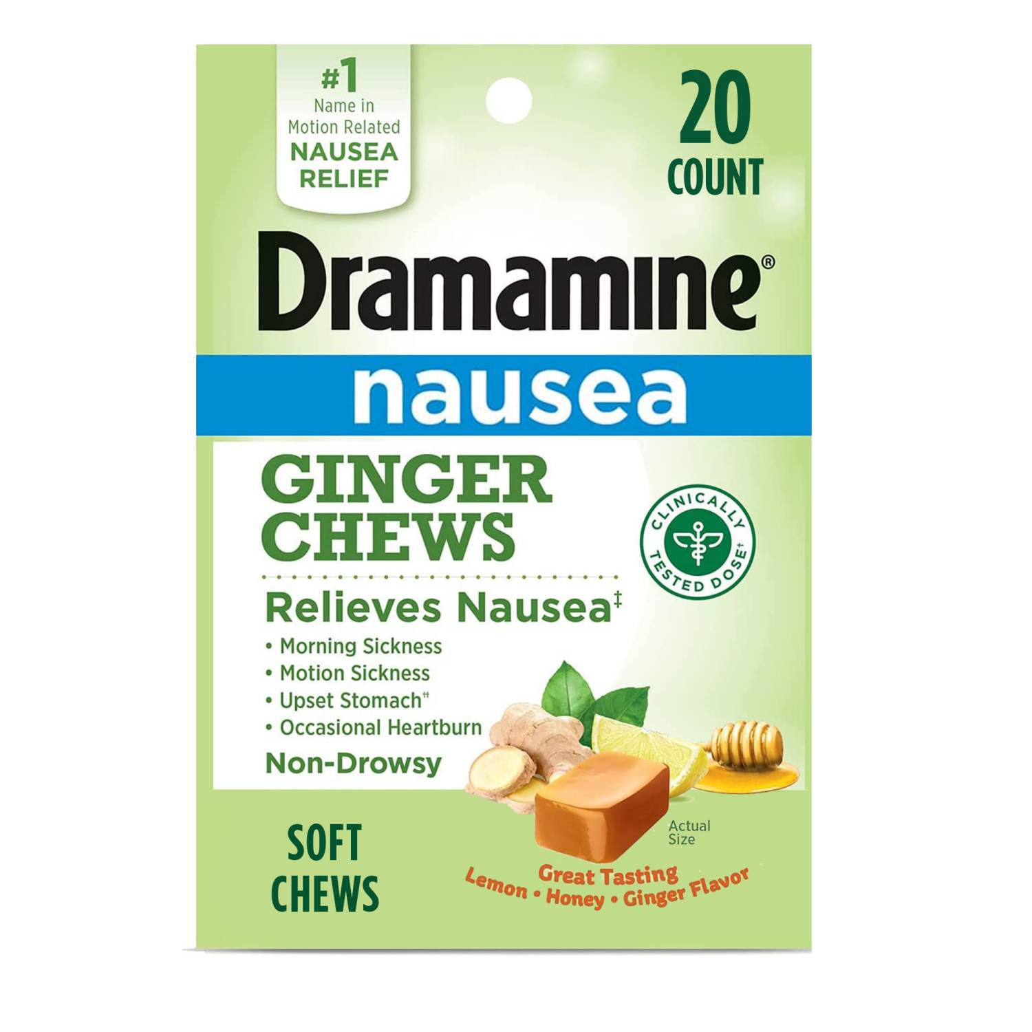 slide 1 of 5, Dramamine Advanced Herbals Nausea Lemon/Honey/Ginger Flavors Ginger Chews 20 Soft Chews, 20 ct