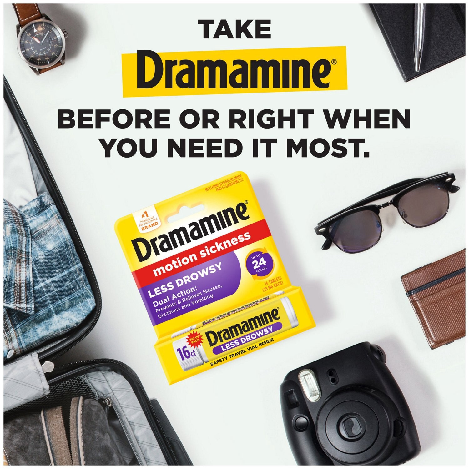 slide 4 of 5, Dramamine Motion Sickness Relief - All Day Less Drowsy, 16 Count, 16 ct