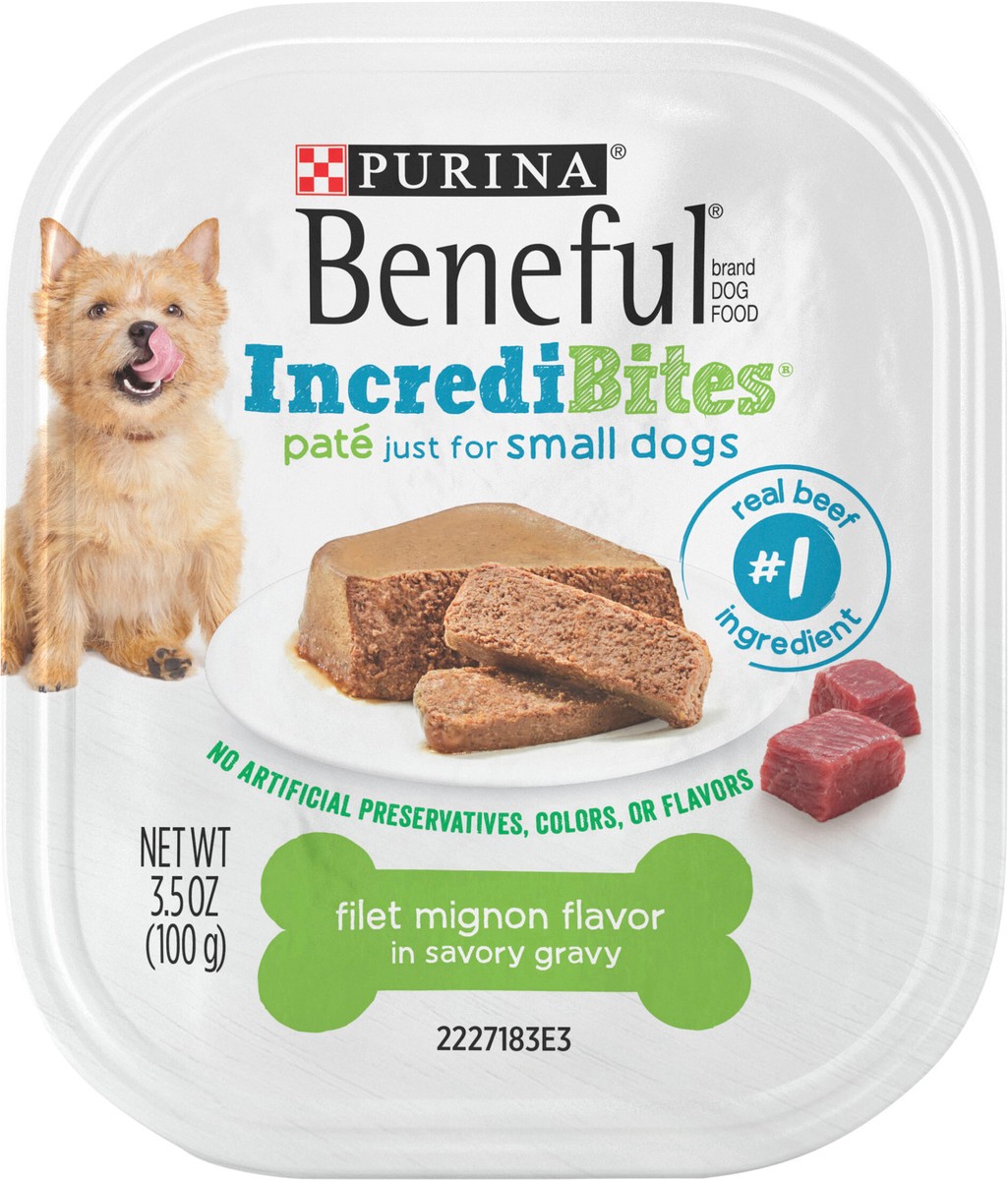 slide 10 of 13, Purina Beneful IncrediBites Pate Wet Dog Food for Small Dogs Filet Mignon Flavor in a Savory Gravy - 3.5 oz. Can, 3.5 oz