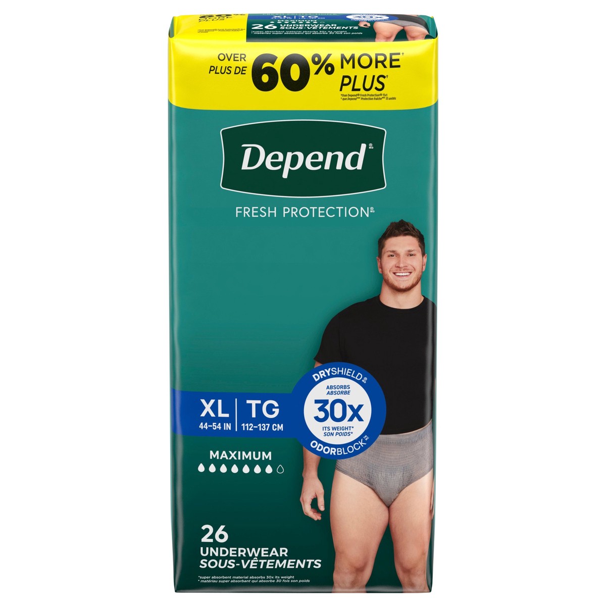 slide 1 of 9, Depend Fresh Protection Adult Incontinence Underwear for Men, Disposable, Maximum, Extra-Large, Grey, 26 Count, 26 ct