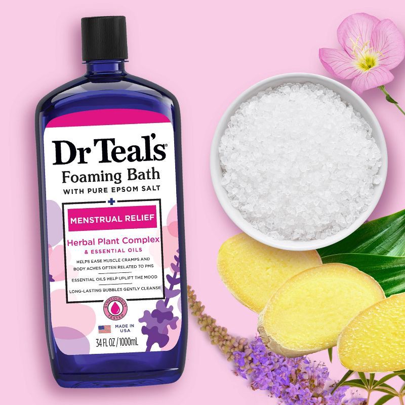 slide 4 of 6, Dr Teal's Menstrual Relief Lavender Foaming Bubble Bath - 34 fl oz, 34 fl oz