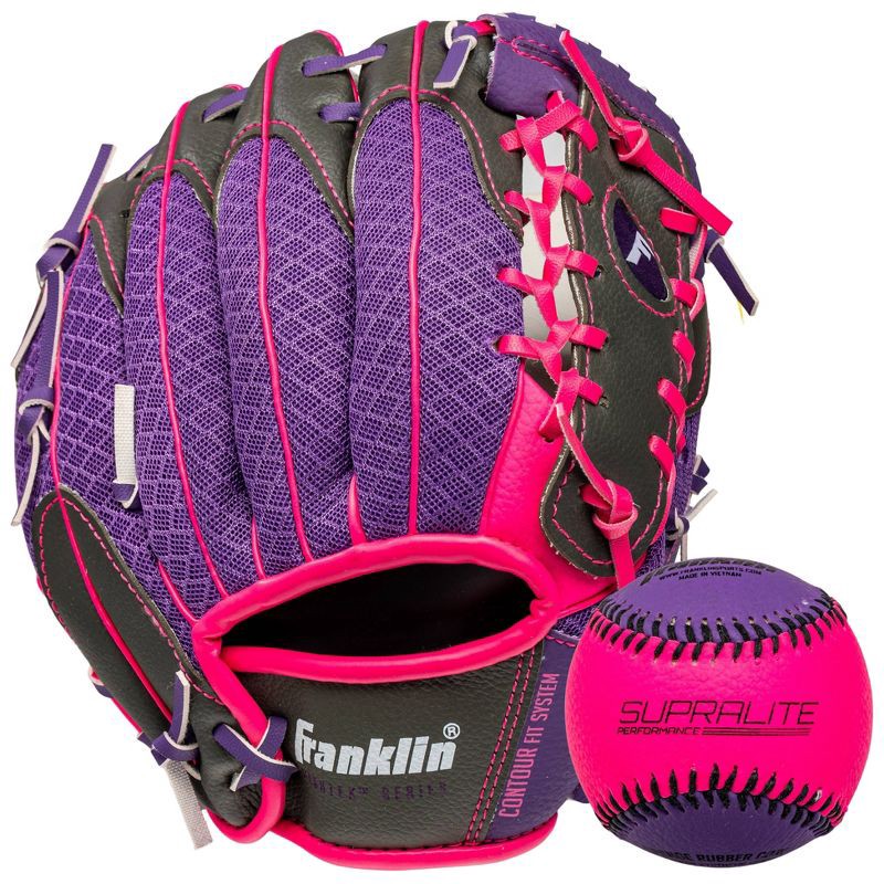 slide 1 of 5, Franklin Sports 9.5'' Meshtek Glove with Ball - Purple/Pink, 1 ct