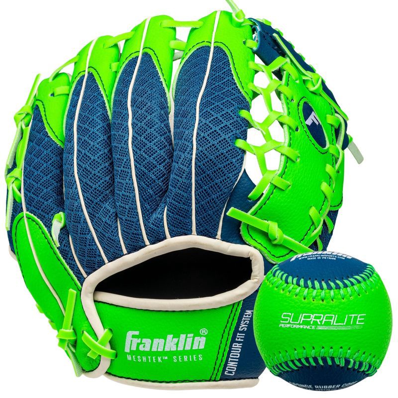 slide 1 of 5, Franklin Sports 9.5'' Meshtek Glove with Ball - Blue/Optic Green, 1 ct