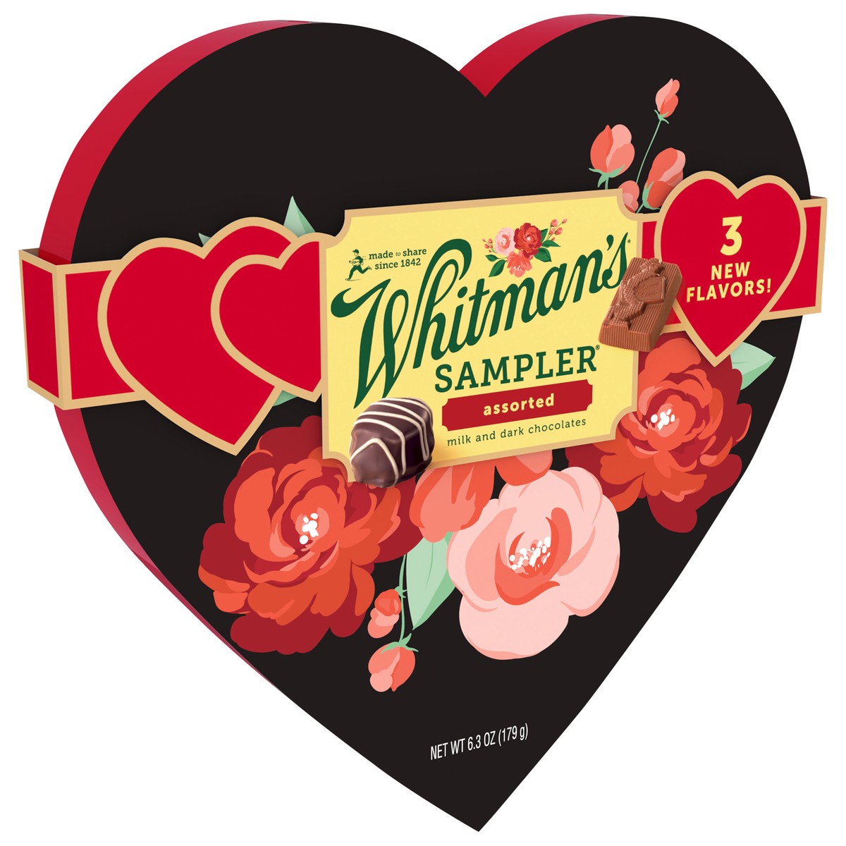 slide 9 of 10, WHITMAN'S SAMPLER Valentine's Day Floral Heart Assorted Milk & Dark Chocolate Gift Box, 6.25 oz. (14 pieces), 14 ct