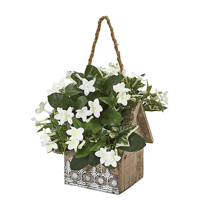 slide 2 of 3, Nearly Natural Artificial Stephanotis and Ivy Plant with Wood Planter, 10 in