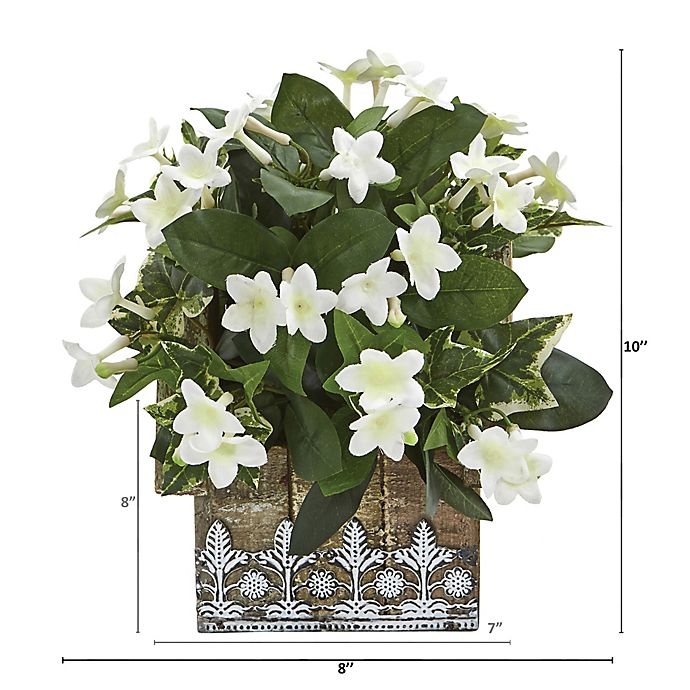 slide 3 of 3, Nearly Natural Artificial Stephanotis and Ivy Plant with Wood Planter, 10 in