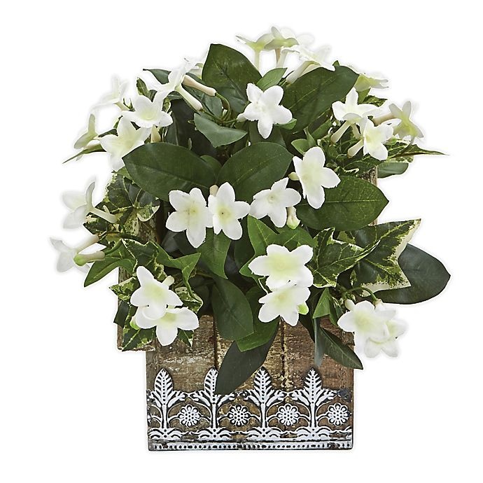 slide 1 of 3, Nearly Natural Artificial Stephanotis and Ivy Plant with Wood Planter, 10 in