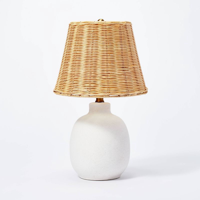 slide 2 of 6, Threshold designed w/Studio McGee 18.5"x11" Ceramic Table Lamp with Rattan Shade White - Threshold™ designed with Studio McGee: Nightstand Wicker Lighting, 1 ct