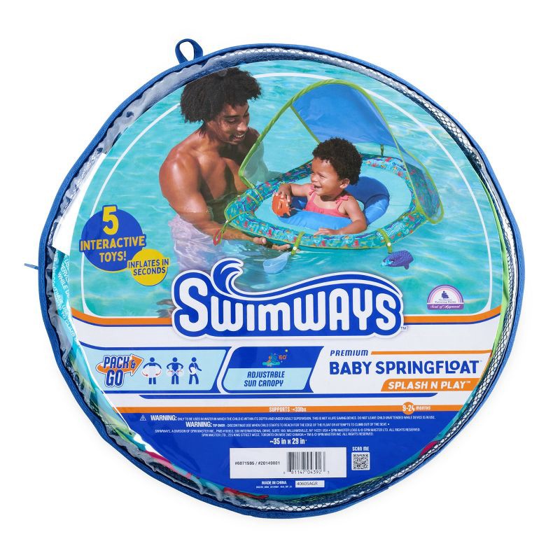 slide 3 of 9, Swimways Sun Canopy Spring Float with Hyper-Flate Valve - Splash N Play: Infant Pool Lounger, 1 ct