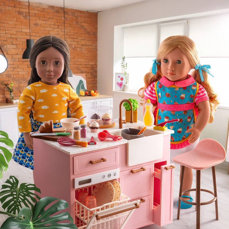 slide 2 of 6, Our Generation Kitchen Island with Accessories for 18" Dolls: Includes Play Food, Metal & Plastic Materials, 34 Pieces, 34 ct