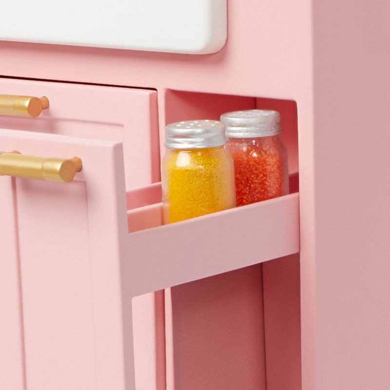 slide 4 of 6, Our Generation Kitchen Island with Accessories for 18" Dolls: Includes Play Food, Metal & Plastic Materials, 34 Pieces, 34 ct