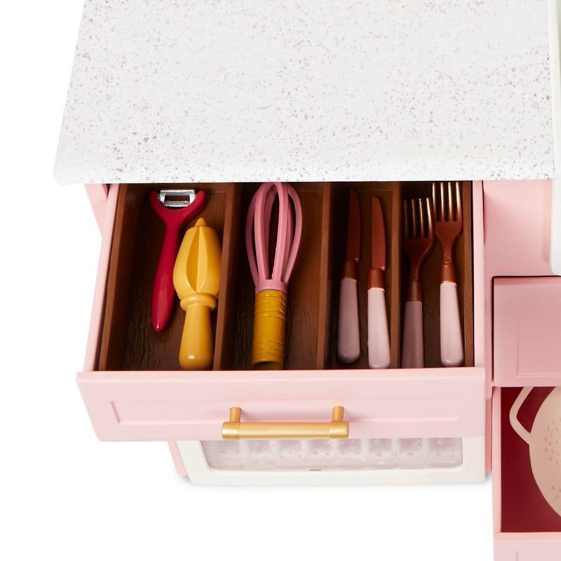 slide 5 of 6, Our Generation Kitchen Island with Accessories for 18" Dolls: Includes Play Food, Metal & Plastic Materials, 34 Pieces, 34 ct