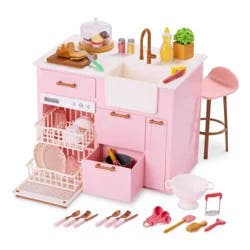 Our Generation Kitchen Island with Accessories for 18" Dolls: Includes Play Food, Metal & Plastic Materials, 34 Pieces