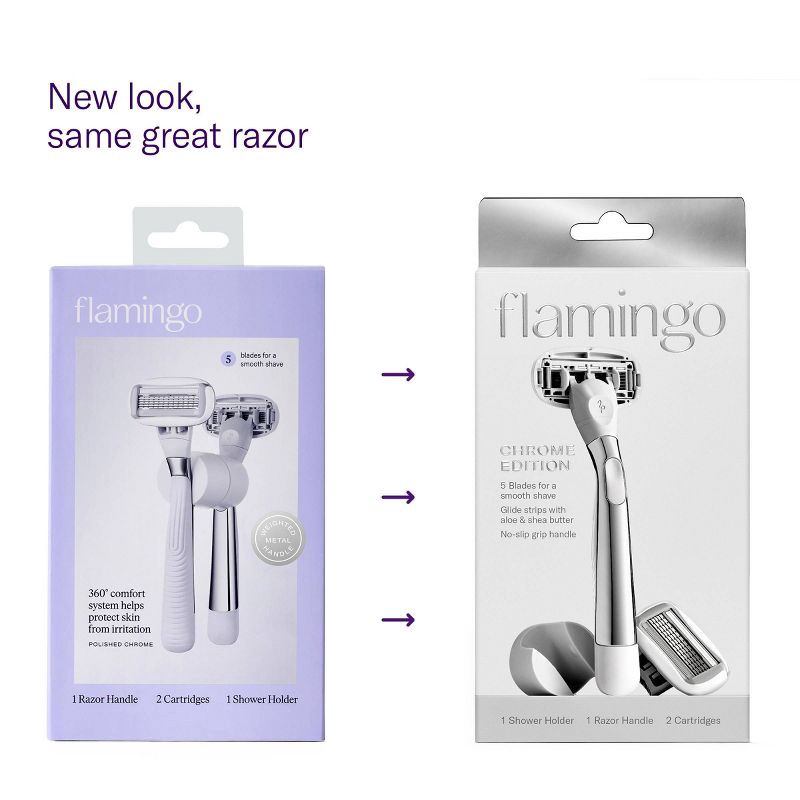 slide 2 of 8, Flamingo 5-Blade Women's Razor - 1 Razor Handle + 2 Razor Blade Refills - Polished Chrome, 1 ct