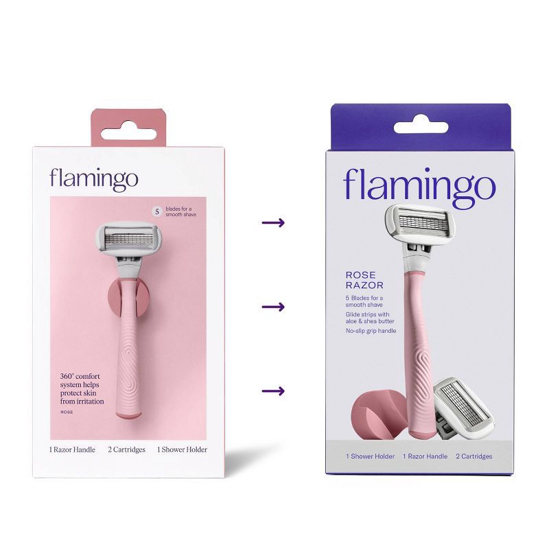 slide 2 of 9, Flamingo 5-Blade Women's Razor - 1 Razor Handle + 2 Razor Blade Refills - Rose, 1 ct