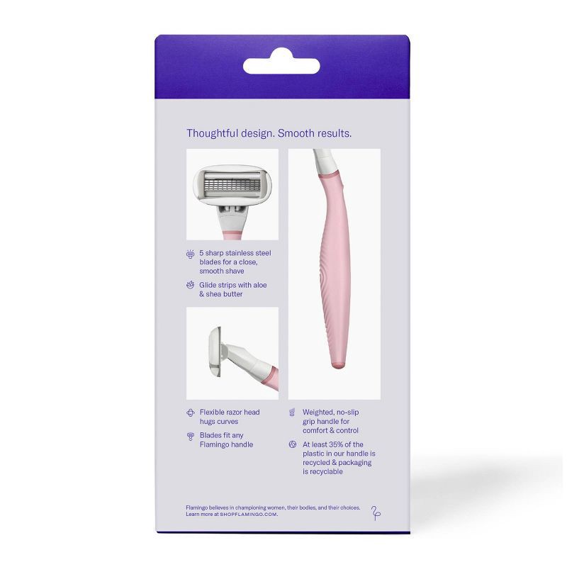 slide 3 of 9, Flamingo 5-Blade Women's Razor - 1 Razor Handle + 2 Razor Blade Refills - Rose, 1 ct