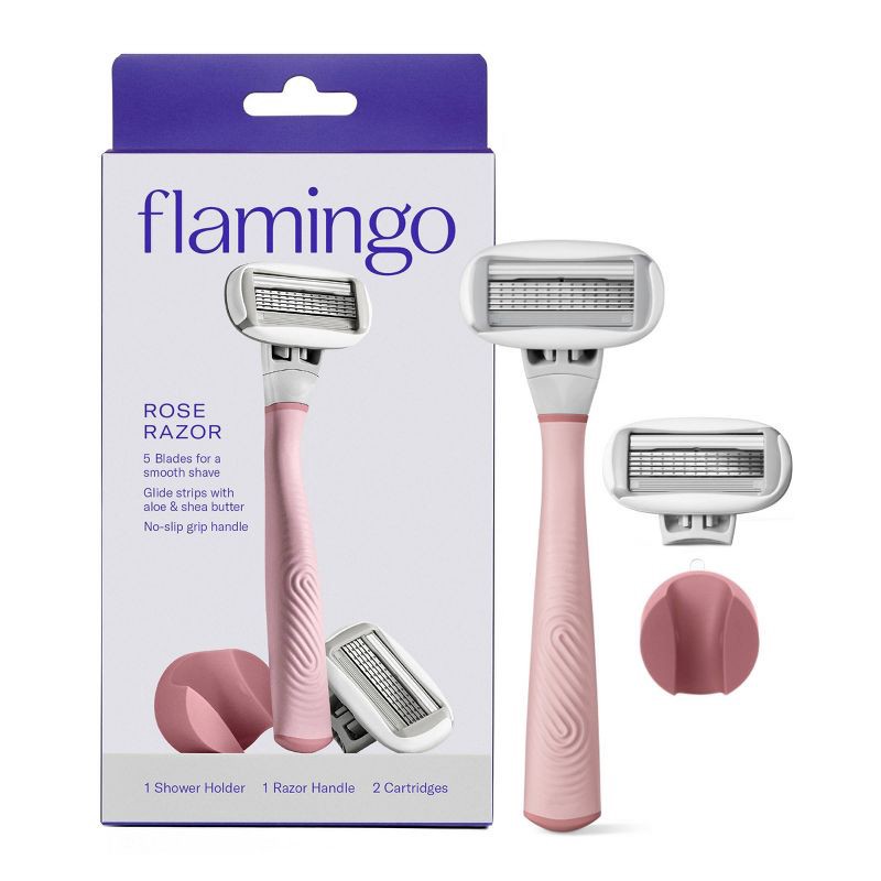 slide 1 of 9, Flamingo 5-Blade Women's Razor - 1 Razor Handle + 2 Razor Blade Refills - Rose, 1 ct