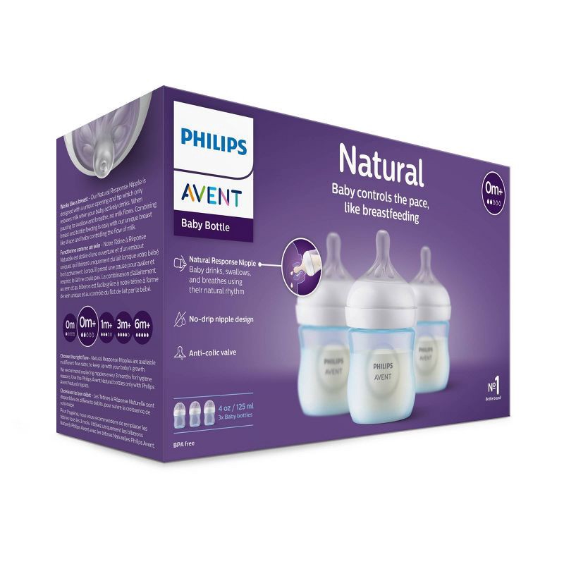 slide 3 of 18, Philips Avent 3pk Natural Baby Bottle with Natural Response Nipple - Blue - 4oz, 3 ct; 4 oz