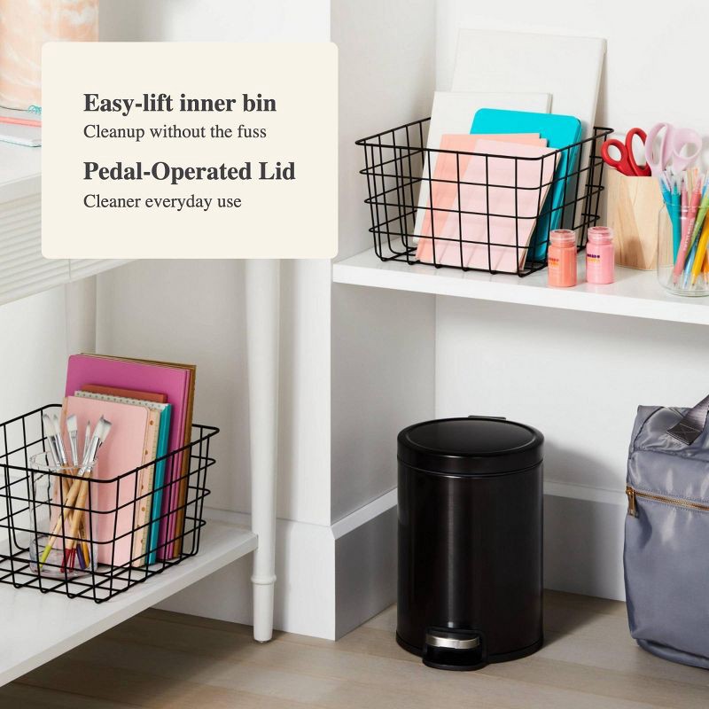 slide 4 of 6, 5L Round Step Trash Can Black - Brightroom™: Stainless Steel, Quiet Close Lid, Pedal-Operated, Removable Inner Bucket, 5 liter