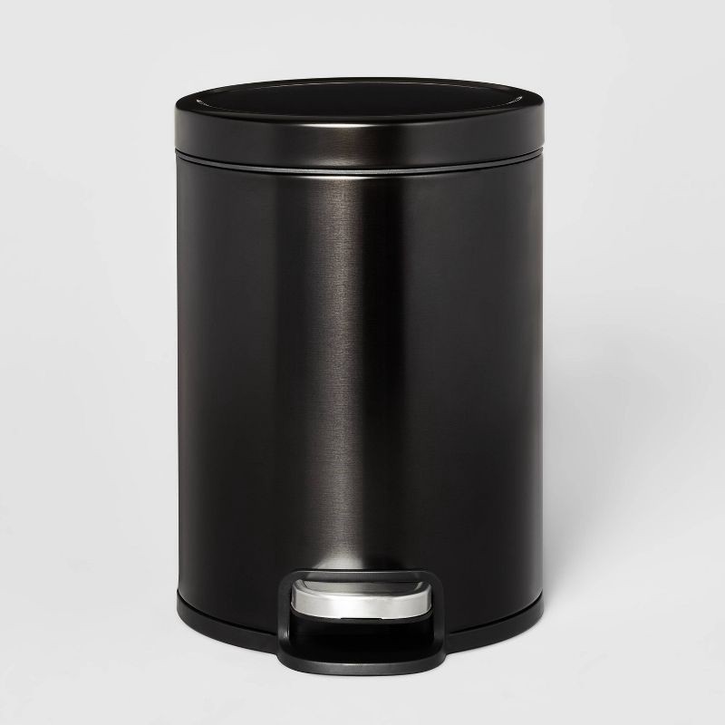 slide 1 of 6, 5L Round Step Trash Can Black - Brightroom™: Stainless Steel, Quiet Close Lid, Pedal-Operated, Removable Inner Bucket, 5 liter