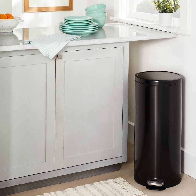 slide 2 of 5, 30L Round Step Trash Can Black - Brightroom™: Stainless Steel Kitchen Trash Bin, Smooth Finish, Indoor Use, 30 liter