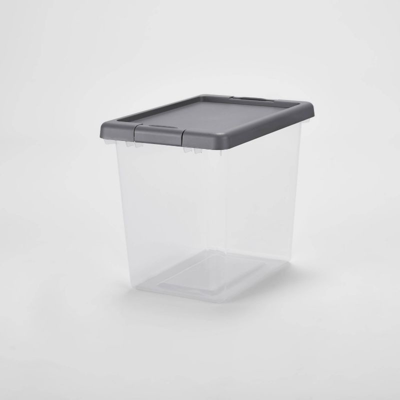 slide 1 of 6, Medium Latching Clear Storage Box - Brightroom™: Stackable Plastic Tote with Built-In Handles, 28L Capacity, Latches, 28 liter