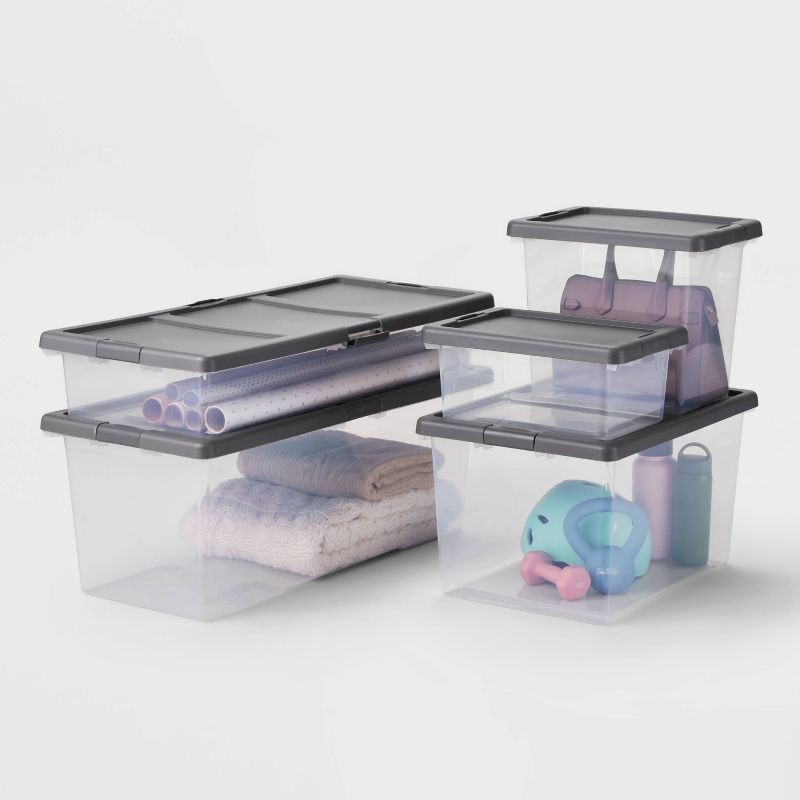 slide 4 of 6, Medium Latching Clear Storage Box - Brightroom™: Stackable Plastic Tote with Built-In Handles, 28L Capacity, Latches, 28 liter