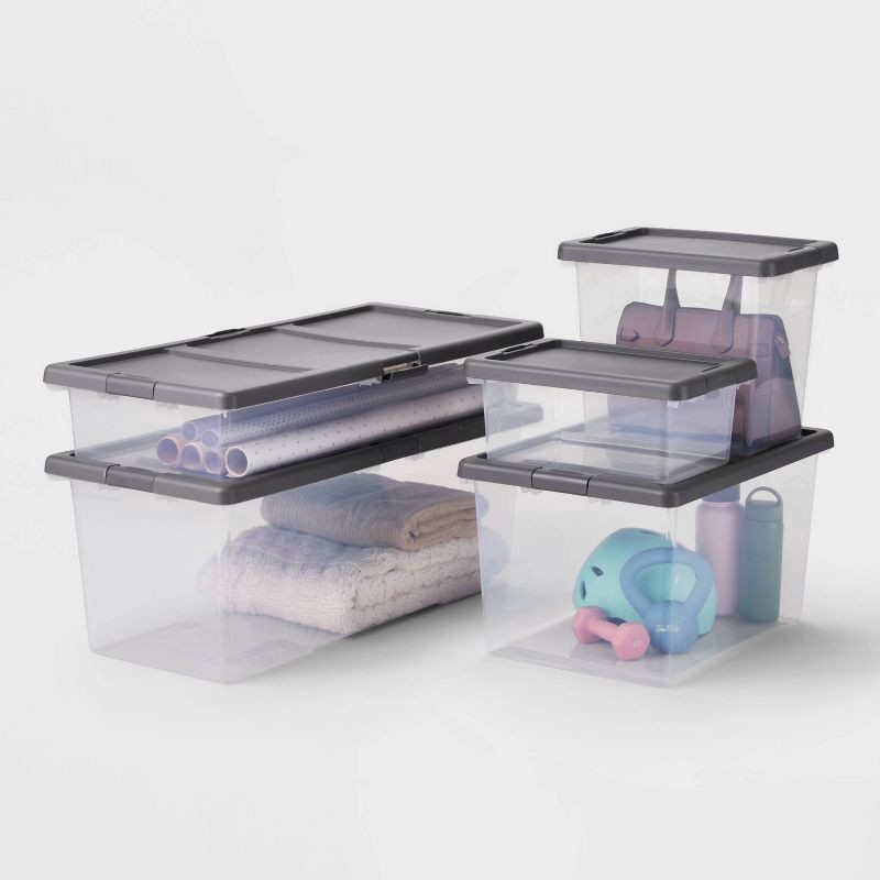 slide 5 of 5, Medium Latching Clear Storage Box - Brightroom™: Stackable Plastic Tote with Built-In Handles, 28L Capacity, Latches, 28 liter