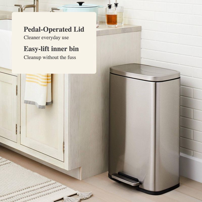 slide 4 of 6, 45L Rectangular Step Trash Can Silver - Brightroom™: Stainless Steel, Quiet Pedal Lid, Removable Liner, Kitchen Use, 45 liter