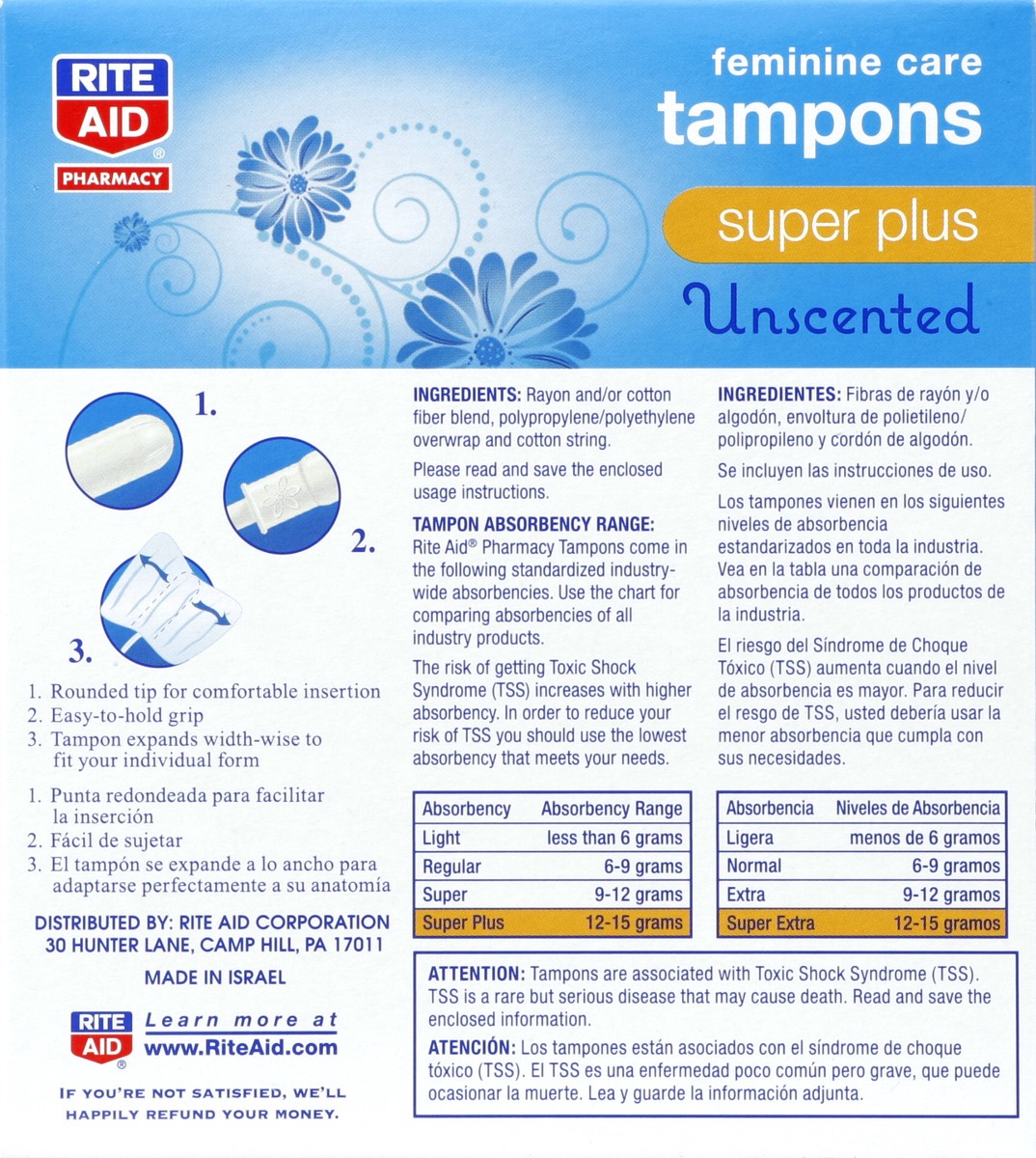 slide 6 of 6, Rite Aid Pharmacy Tampons, Plastic Applicator, Super Plus, Unscented, 18 ct