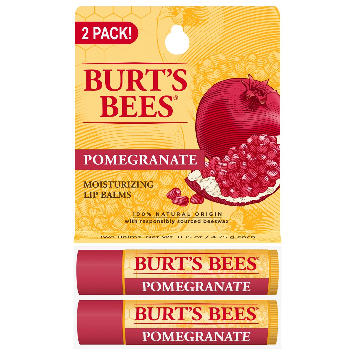 slide 1 of 5, Burt's Bees 100% Natural Moisturizing Lip Balm, Pomegranate with Beeswax and Fruit Extracts - 2 Tubes, 2 ct