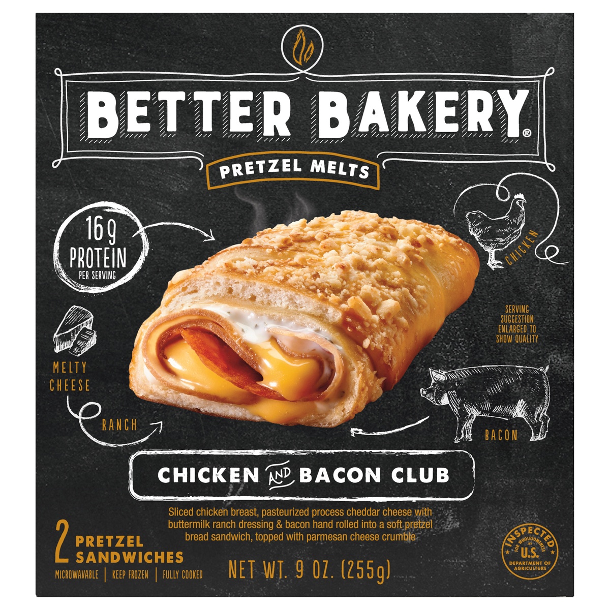 slide 1 of 7, Better Bakery Pretzel Melts Chicken and Bacon Club, 9 oz