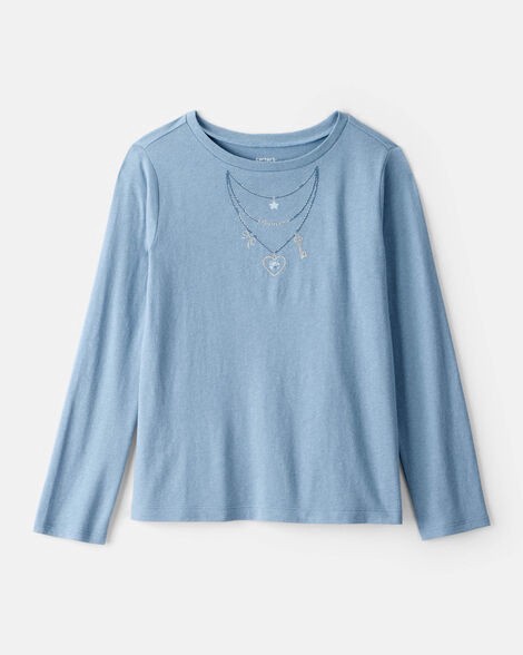 slide 1 of 3, Carter's Girls Charm Necklace Long-Sleeve Graphic Tee - Blue Blue M, 1 ct