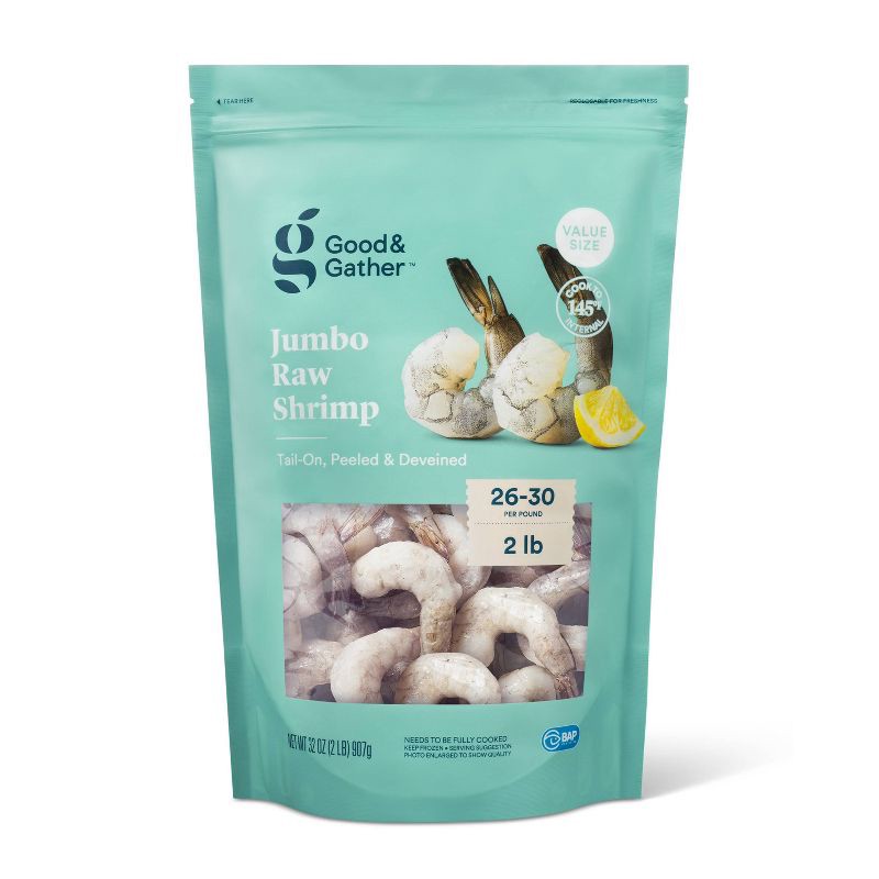slide 1 of 3, Jumbo Tail-On, Peeled, Deveined Raw Shrimp - Frozen - 26-30ct/lb - 2lbs - Good & Gather™, 26-30 ct; 2 lb