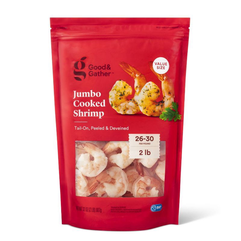 slide 1 of 3, Jumbo Tail-On, Peeled, Deveined Cooked Shrimp - Frozen - 26-30ct/lb - 2lbs - Good & Gather™, 26-30 ct; 2 lb